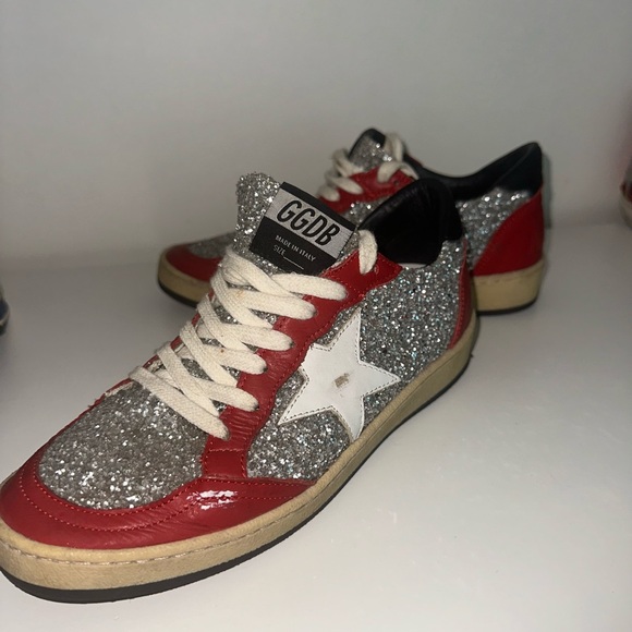 Golden Goose Silver Glitter Sneakers with Red and White...
